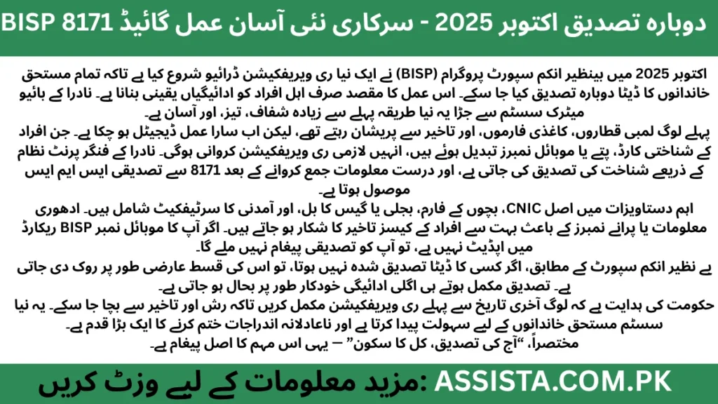 BISP 8171 Re-Verification October 2025 Urdu summary explaining the new verification process, NADRA fingerprint check, required documents, and steps for CNIC confirmation through 8171 SMS in Pakistan.