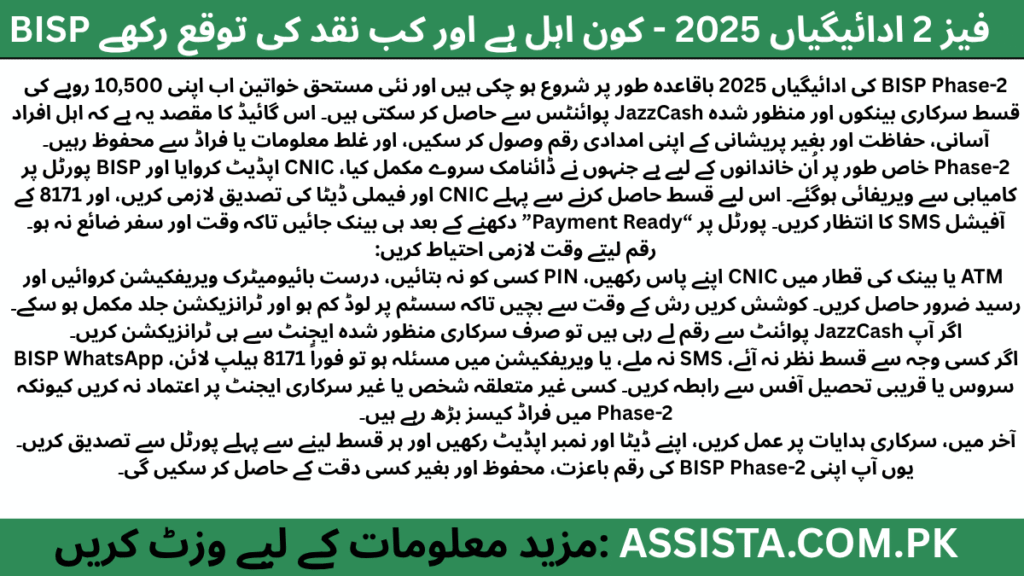 BISP Phase-2 Payments 2025 — خواتین CNIC کے ذریعے 8171 سسٹم پر ویریفکیشن کرتی ہوئی اور بینک سے 10,500 روپے وصول کرتی ہوئی