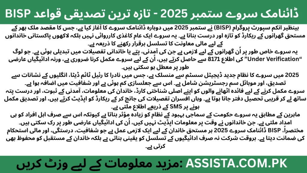 "Urdu summary of Benazir Income Support Programme (BISP) Dynamic Survey September 2025 – Key updates on household verification, eligibility confirmation, and payment continuation for beneficiaries."