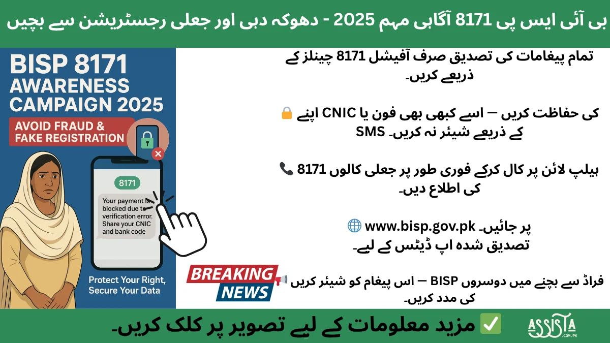 Poster for BISP 8171 Awareness Campaign 2025 showing a concerned woman and a fake SMS warning about CNIC fraud, promoting the message “Avoid Fraud & Fake Registrations