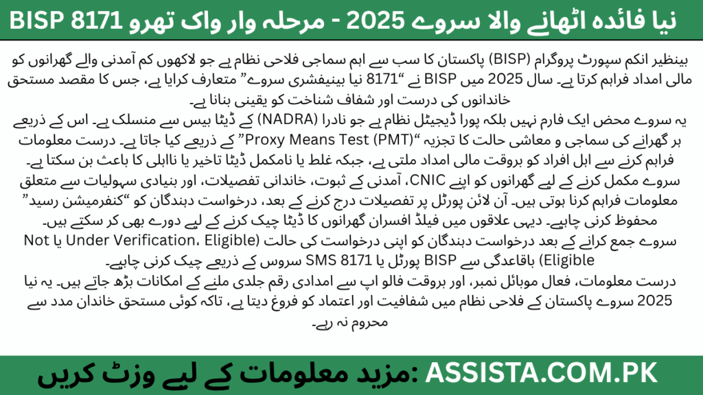 ایک تصویری خاکہ جس میں ایک شخص لیپ ٹاپ پر BISP 8171 نیا بینیفشری سروے 2025 مکمل کر رہا ہے، پس منظر میں نیلا رنگ اور چیک مارک والے فارم کے ذریعے آن لائن رجسٹریشن کے عمل کی نمائندگی کی گئی ہے۔