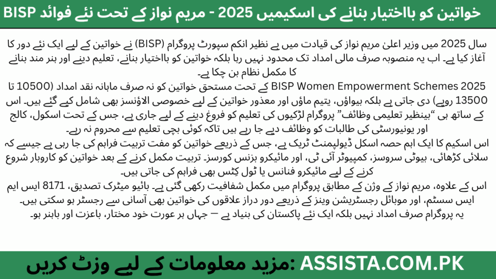 مریم نواز کی تصویر کے ساتھ BISP Women Empowerment Schemes 2025 کا پوسٹر، جس میں خواتین کی مالی مدد، تعلیم اور ہنر مندی کے مواقع کو ظاہر کیا گیا ہے۔