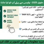 BISP 8171 Beneficiary Rights 2025 infographic showing a woman in hijab, currency icon, and key messages about knowing rights, protecting payments, and avoiding scams before withdrawal.