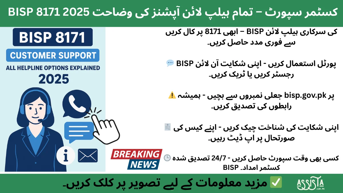 Infographic showing BISP 8171 Customer Support 2025 with helpline, WhatsApp, email, and information icons.