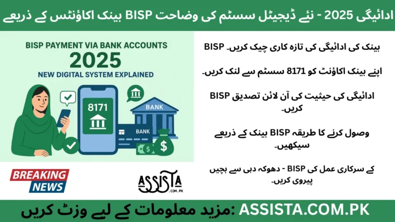 BISP Payment via Bank Accounts 2025 — woman checking 8171 mobile message, digital banking icons and bank building, Pakistan government financial support system graphic