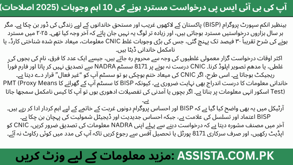 ایک پاکستانی خاتون ہاتھ میں “Rejected” لکھا ہوا فارم پکڑے پریشان کھڑی ہے، جبکہ ایک ہاتھ میں CNIC کارڈ دکھایا گیا ہے — تصویر اس بات کی علامت ہے کہ بینظیر انکم سپورٹ پروگرام (BISP) کی درخواستیں غلط معلومات یا ایکسپائرڈ CNIC کی وجہ سے مسترد ہوجاتی ہیں۔