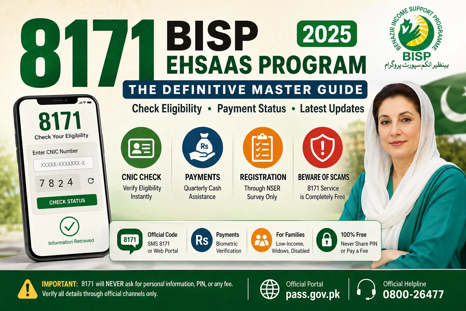 8171 BISP Ehsaas Program 2025 guide showing eligibility check, payment status, registration process, and scam awareness information
